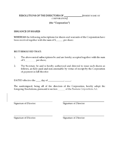 Resolution of the directors of a corporation to issue warrant shares