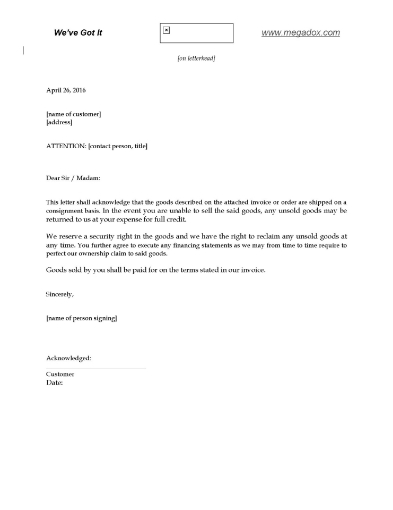 Letter setting terms for shipping goods sold on consignment
