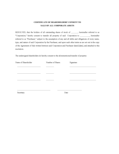 Picture of Certificate of Shareholder Consent to Sale of Assets