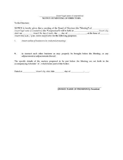 Notice of meeting of directors of a U.S. company