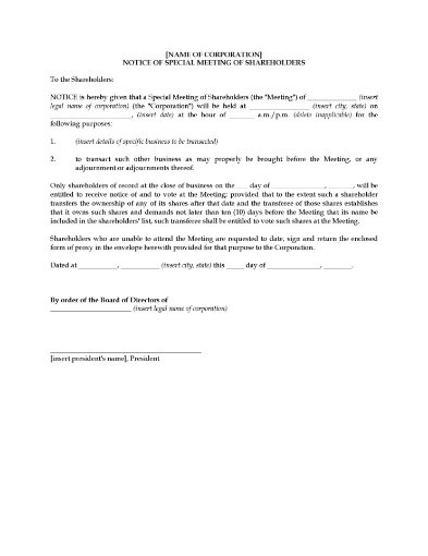 Notice of special meeting of the shareholders of a U.S. company