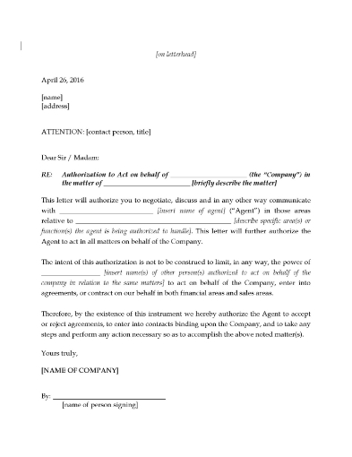Letter Authorizing Agent to Negotiate Contracts