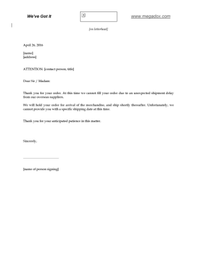 Picture of Notice of Delay of Shipment Forms