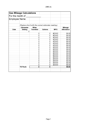 Picture of Gas Mileage Calculation Spreadsheet