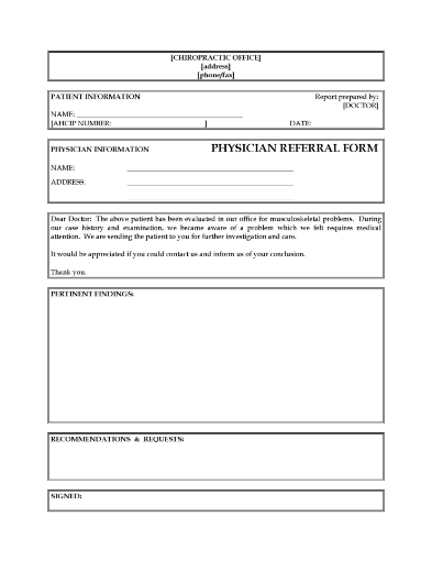 Referral Form from Chiropractor to Physician