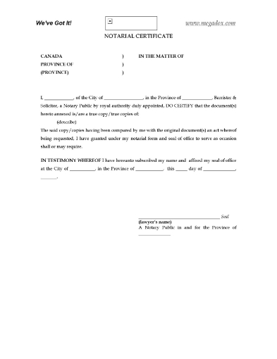 Notarial Certificate Form for Canada