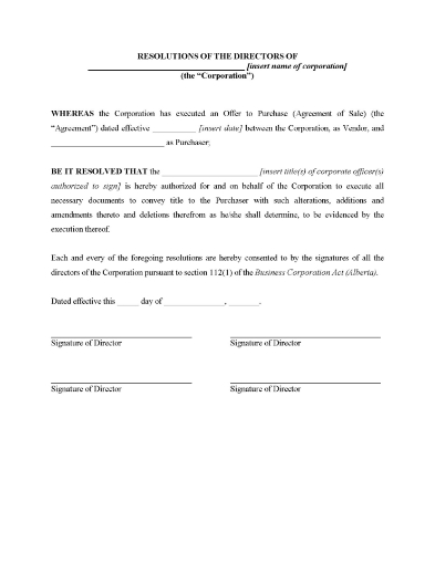 Alberta Directors Resolution Approving Sale of Land