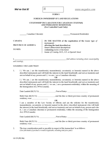 Picture of Alberta Foreign Ownership Declaration Form 1