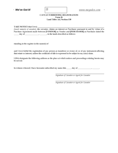 Picture of Alberta Caveat Forbidding Registration