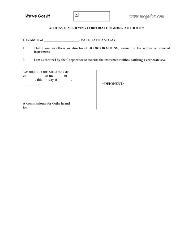 Affidavit of corporate signing authority form for Canadian companies
