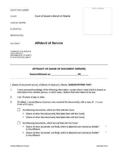 Alberta affidavit proving service of documents