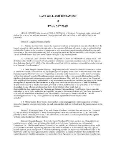Picture of Paul Newman Last Will and Testament