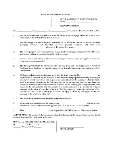 Canada declaration of occupancy form for mortgage loans