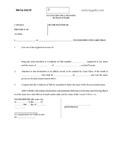 Alberta statutory declaration to prove death of joint tenant