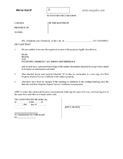 Alberta Statutory Declaration with respect to a previously conducted Real Property Report for the property being sold