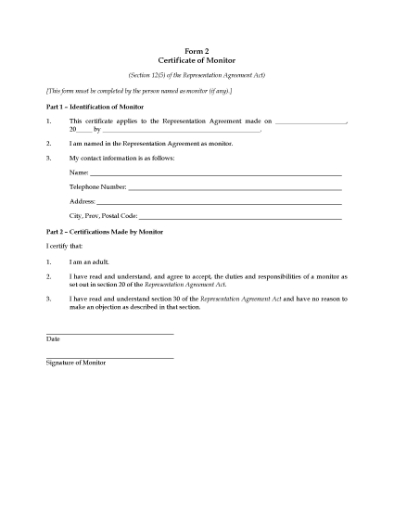 Picture of British Columbia Form 2 Certificate of Monitor