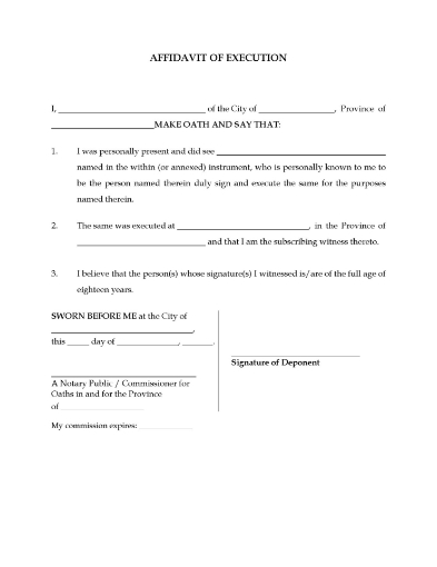Affidavit of Execution form for use in Canada