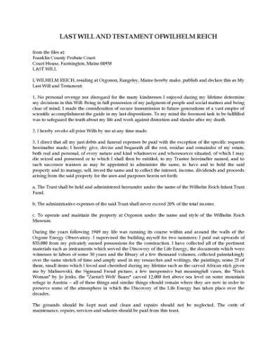 Picture of Wilhelm Reich Last Will and Testament