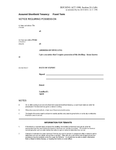 England Notice Requiring Possession (Assured Shorthold Tenancy)