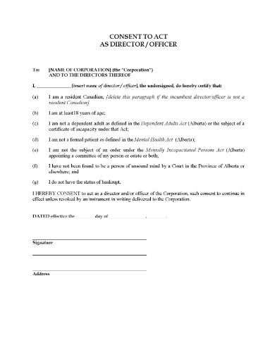 Consent of individual to act as director and officer of an Alberta corporation