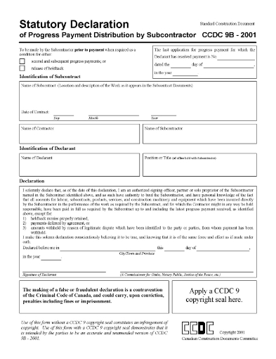 Canada Statutory Declaration of Progress Payment Distribution by Subcontractor