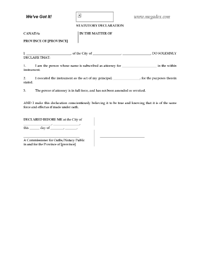 Canada Statutory Declaration for agent signing document under Power of Attorney