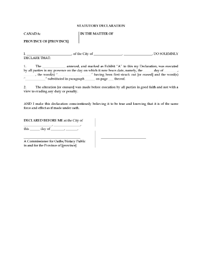 Canada statutory declaration form regarding alterations to a legal document