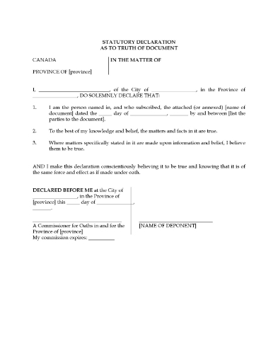 Canada Statutory Declaration that statements made in a document are true