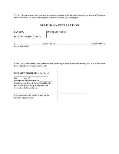 Free Canada Statutory Declaration for declarant who does not speak English
