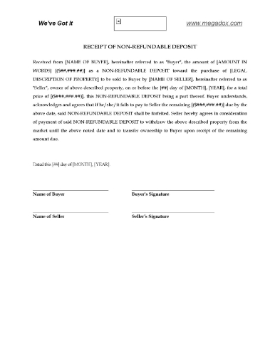 USA Receipt for Non-Refundable Deposit