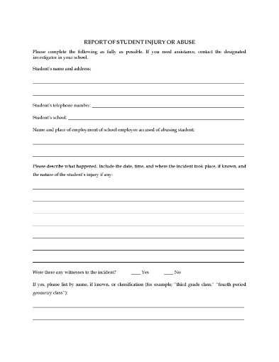 Report Form for Student Injury or Abuse