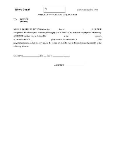 Picture of Notice of Assignment of Judgment | Canada