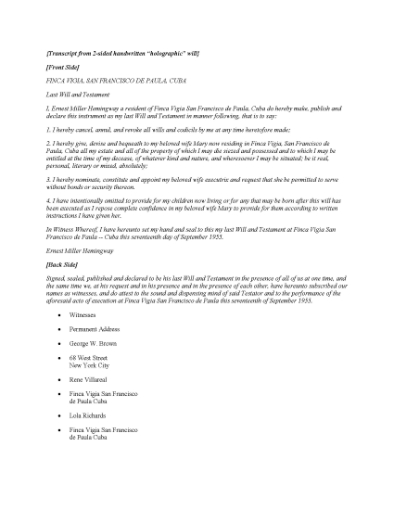 Picture of Ernest Hemingway Last Will and Testament