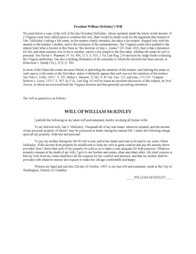Picture of William McKinley Last Will