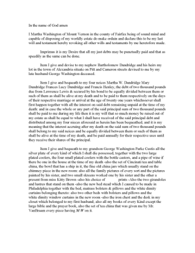 Picture of Martha Washington Last Will and Testament