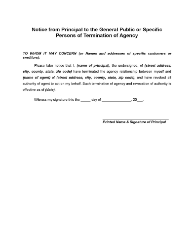 Public Notice of Termination of Agency