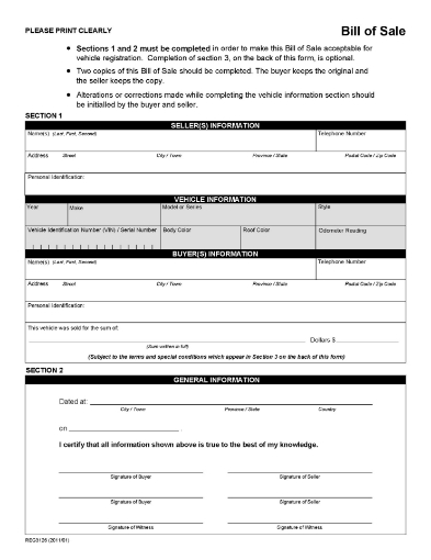 Alberta Bill of Sale for Vehicle