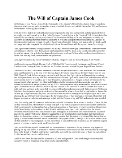 Picture of Captain James Cook Last Will and Testament