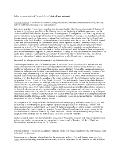Picture of Thomas Jefferson Last Will and Testament
