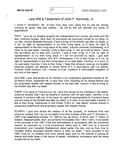 Last Will and Testament of John F. Kennedy Jr