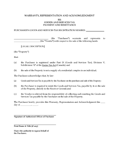 Free Canada GST Declaration for Real Estate Purchase