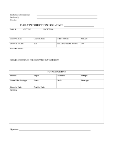 Picture of Daily Production Log for Film Production