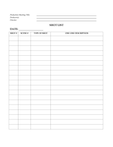Picture of Shot List Log for Film Production