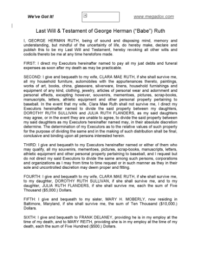 Picture of Babe Ruth Last Will and Testament