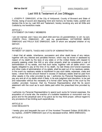 Picture of Joe Dimaggio Last Will and Testament