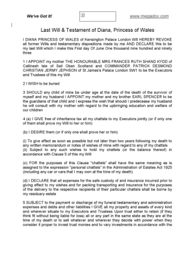 Picture of Princess Diana Last Will and Testament