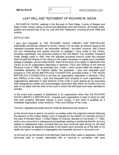 Picture of Richard Nixon Last Will and Testament