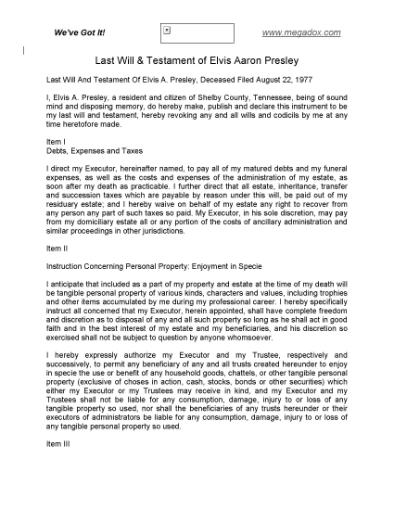 Picture of Elvis Presley Last Will and Testament