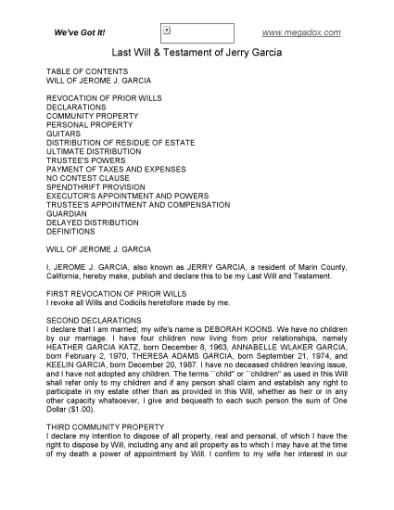 Picture of Jerry Garcia Last Will and Testament