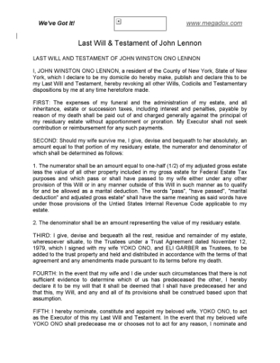 Picture of John Lennon Last Will and Testament